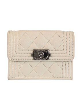 Chanel CC Logo White Silver Leather Fold Wallet Compact